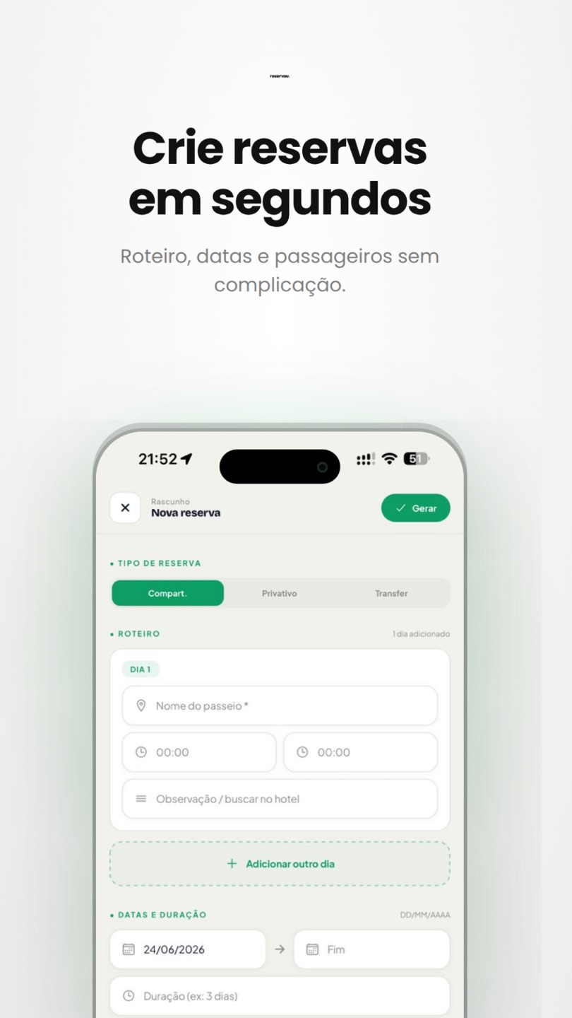 Tela de nova reserva com tipo, roteiro por dia, datas e duração