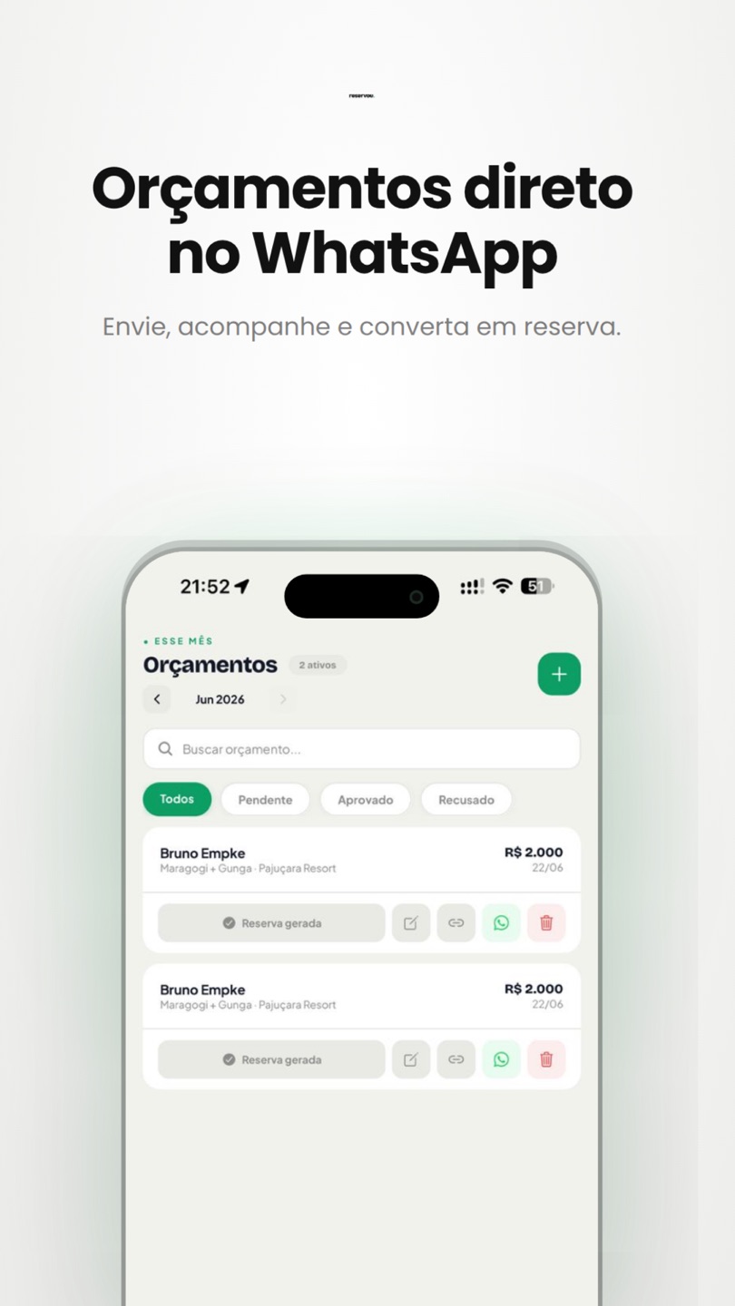 Lista de orçamentos com filtros de pendente, aprovado e recusado e envio por WhatsApp