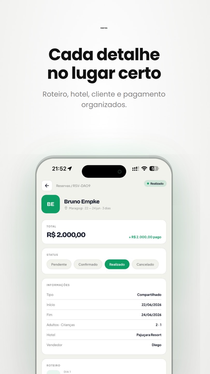 Detalhe da reserva com total, status, informações do cliente e roteiro