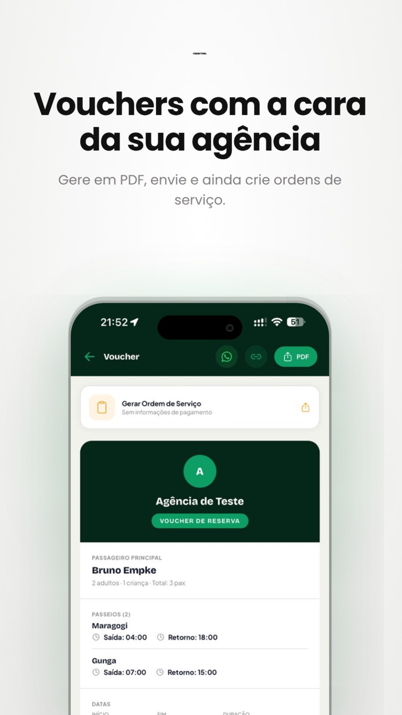Voucher com a marca da agência, passeios, horários e botão de gerar PDF